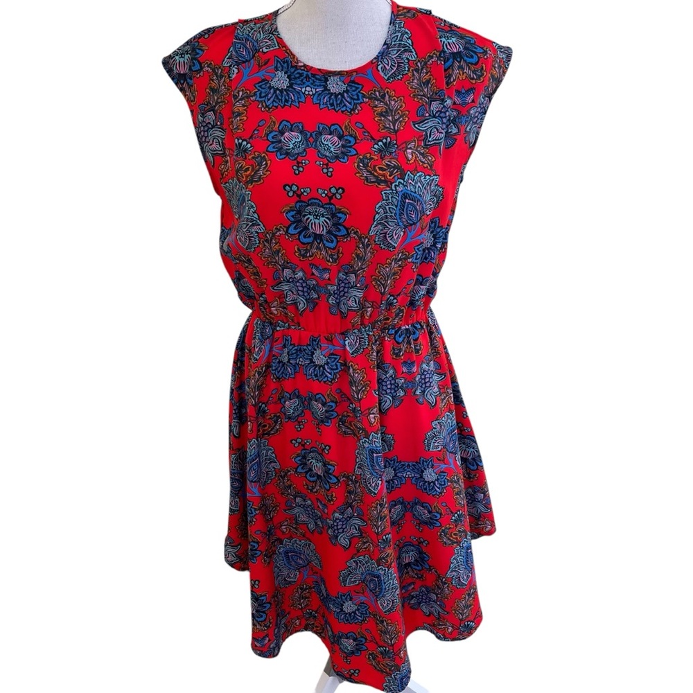 Collective Concepts Orange-Red with Blue Paisley Short Sleeve Aline Dress M